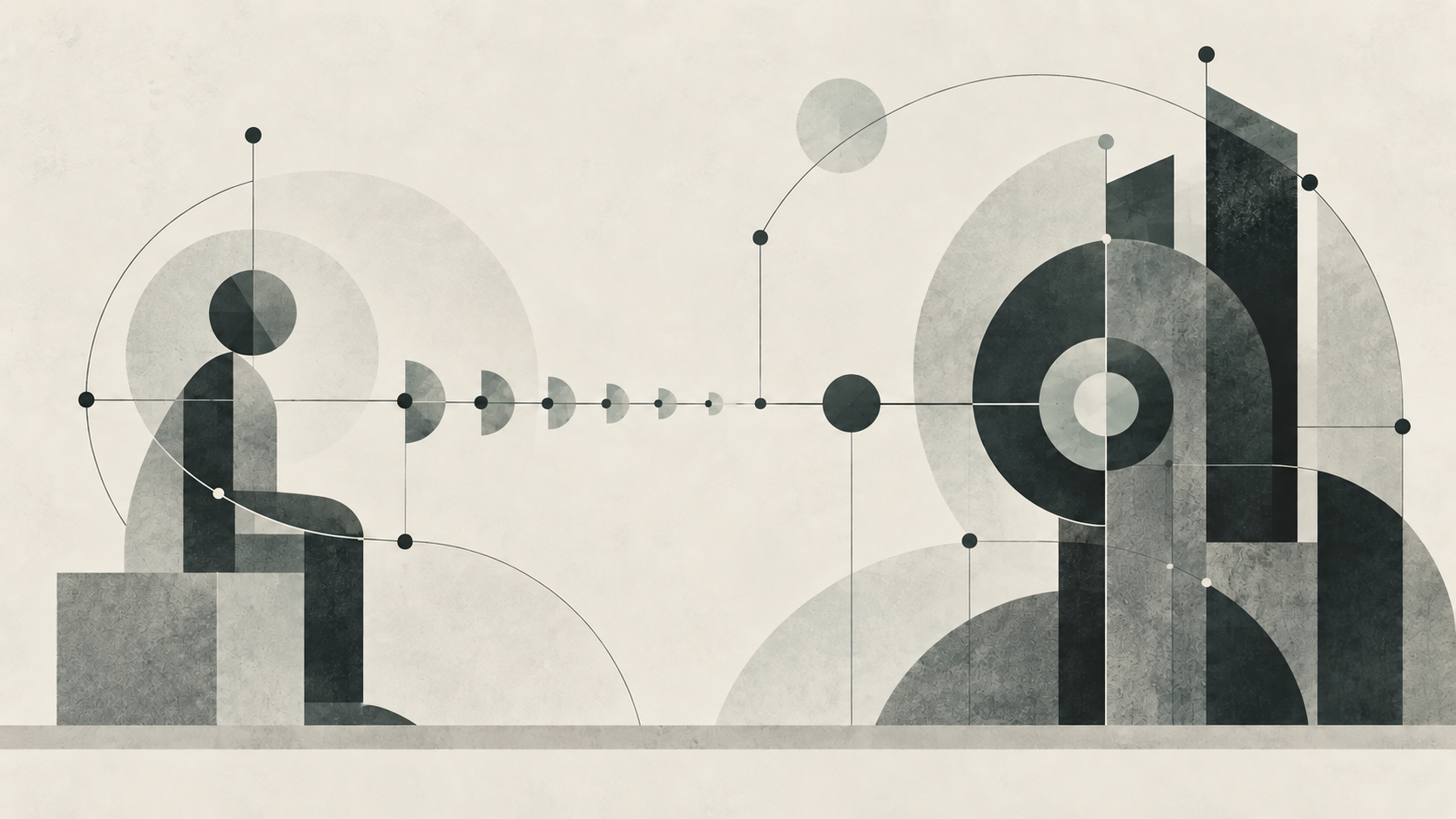 Abstract geometric illustration of a human figure facing an AI system as units of work diminish between them