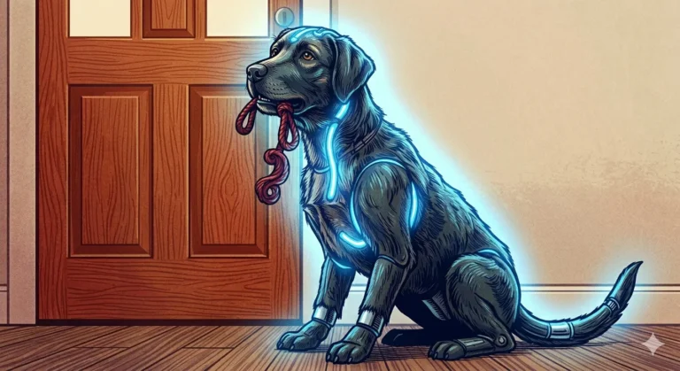 Illustration of a robot dog accompanying What We Might Owe Our Robots