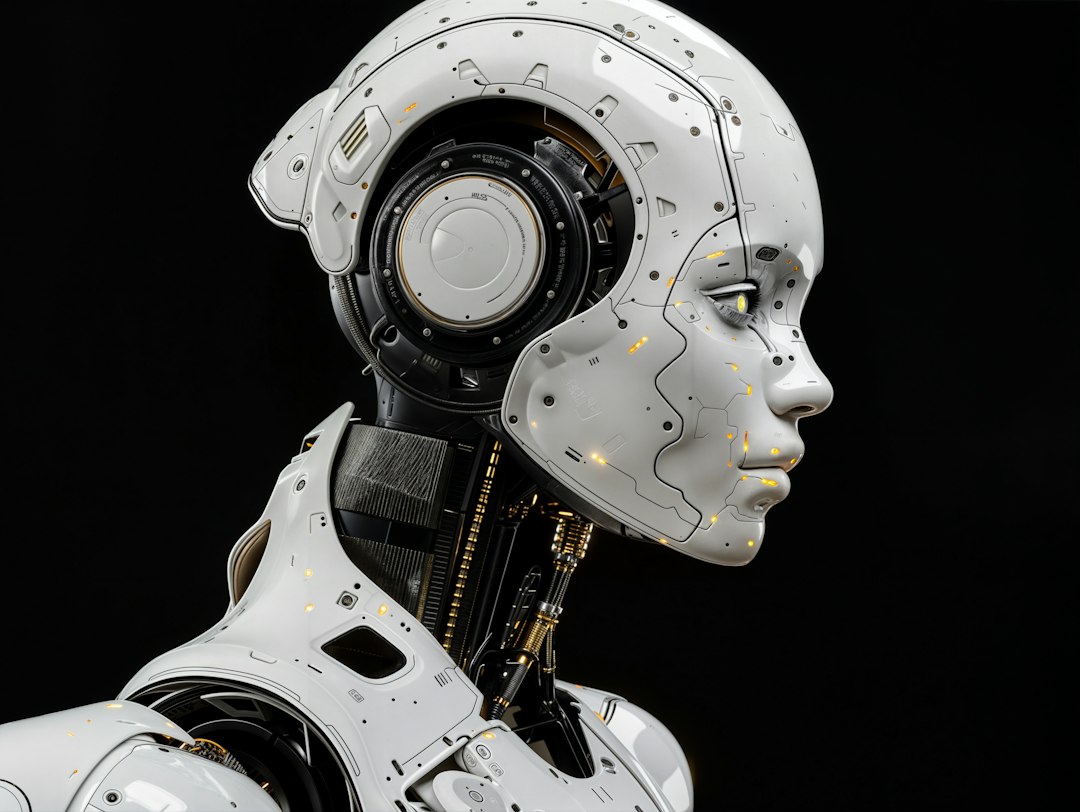 A white robot standing against a dark background