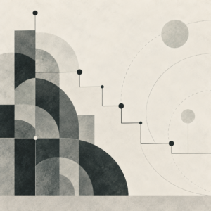 Abstract map frontier in textured charcoal and grey-green shapes on ivory, with a stepped boundary and checkpoint dots